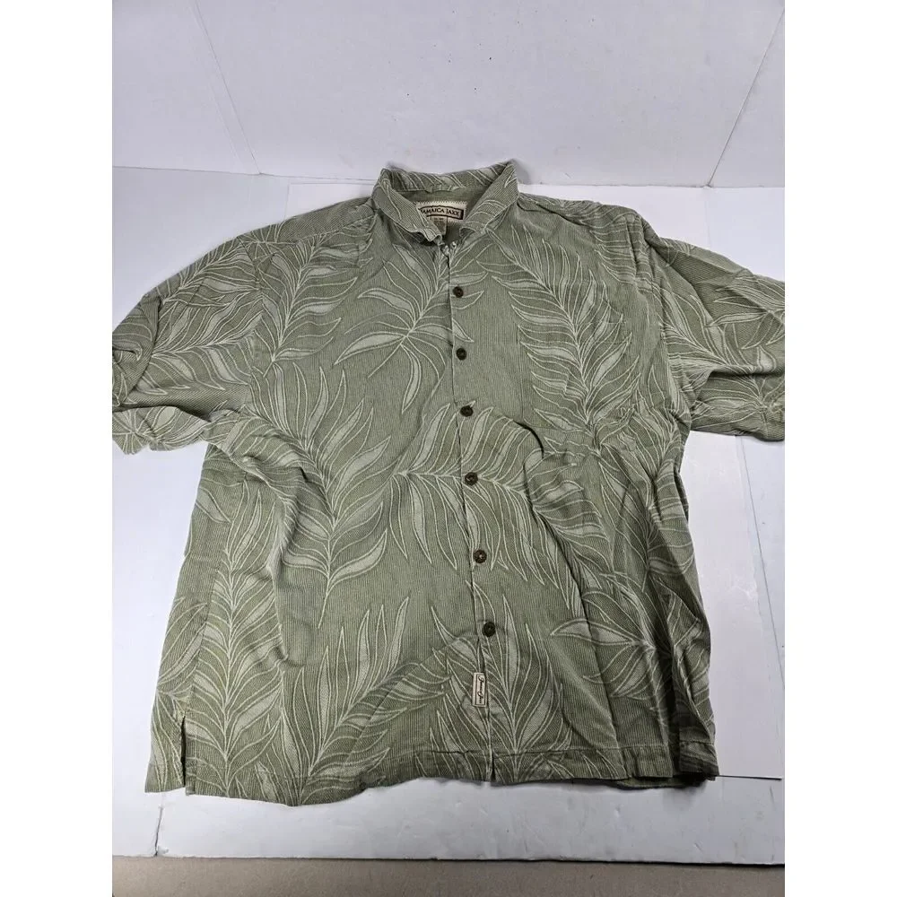 Jamaica Jaxx Shirt Mens XL Green Short Sleeve Button Up Hawaiian Leaf Silk Vtg